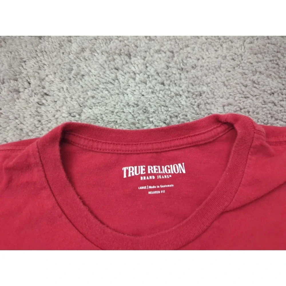 True Religion T Shirt Mens L Red Short‎ Sleeve Buddha Guitar Back Print Relaxed
